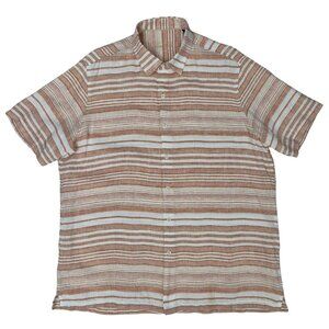 Tasso Elba Men's Shirt Size L (16-16.5) 100% Linen Short Sleeve Striped Beige